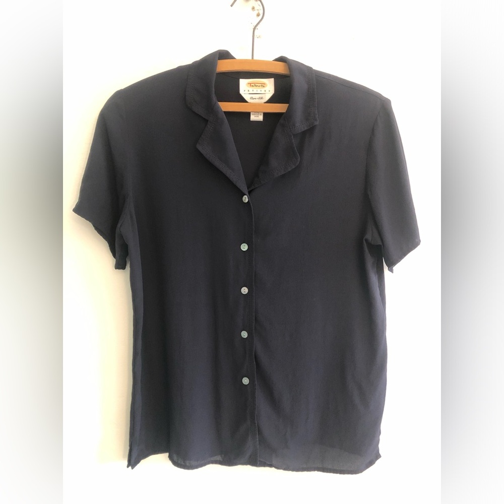 Talbots Petites Pure Silk 100% Silk Blouse Sz 4 Blue Button Down Short Sleeve